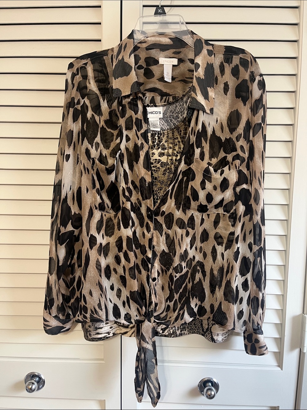 Chico's Black and Brown Leopard Tie-Front Button Down Blouse and Shell Tank